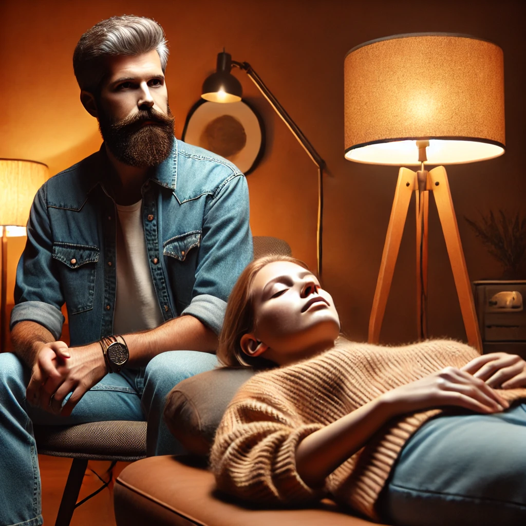 DALL·E 2025-02-14 13.45.49 - A cozy hypnosis session where a bearded man with salt-and-pepper hair, wearing jeans and a shirt, sits on a chair next to a reclining person on a ther DALL·E 2025-02-14 13.45.49 - A cozy hypnosis session where a bearded man with salt-and-pepper hair, wearing jeans and a shirt, sits on a chair next to a reclining person on a ther
